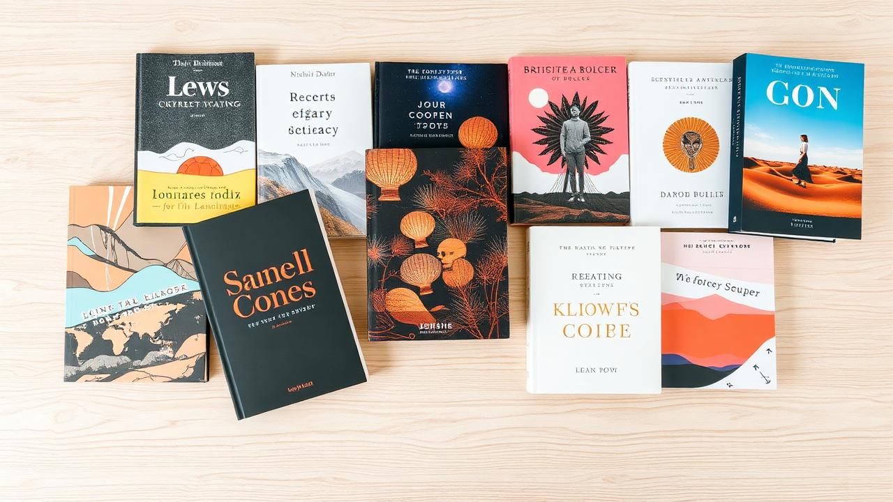 A row of book covers on a wooden desk
