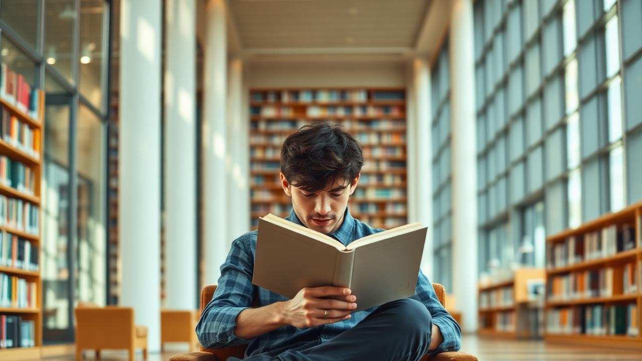 A person sat down reading a book in the library